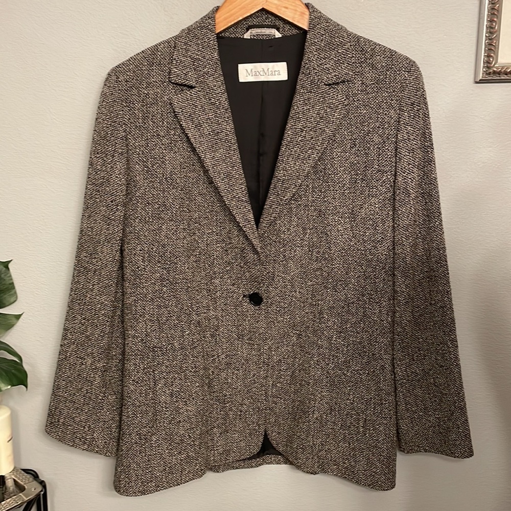 MAX MARA Black Tweed Wool Blend Single Button Blazer Suit Coat Jacket Women's 8